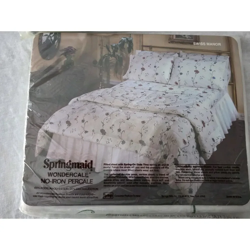 VINTAGE SPRINGMAID Wondercale Double Flat Sheet + Fitted Sheet Swiss Manor